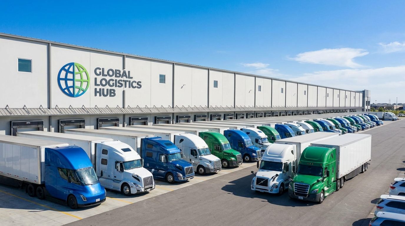 Fleet of Expedite Freight semi-trucks at a distribution center